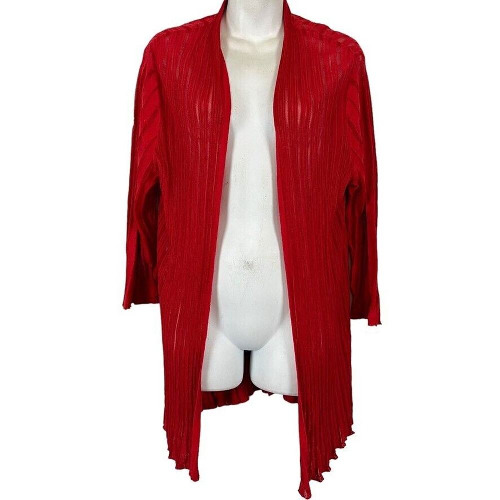 Chicos Womens Linen Red Ribbed Thin Open 3/4 Sleeve Cardigan Sweater Sheer 2/ L